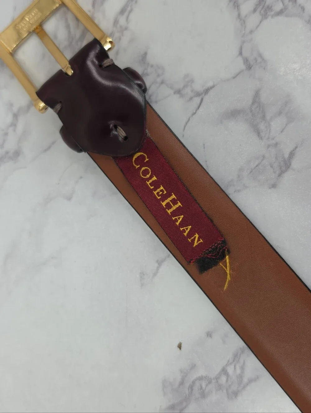 Cole Haan Men's Leather Belt in Deep Burgundy with Gold Tone Brass Buckle